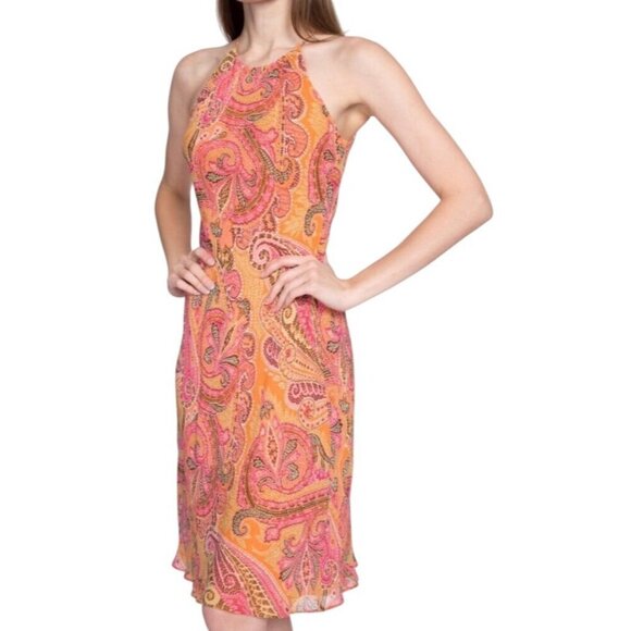 Ann Taylor Vintage Paisley silk chiffon Halter Midi Dress Orange Pink women’s 4 - Picture 4 of 12